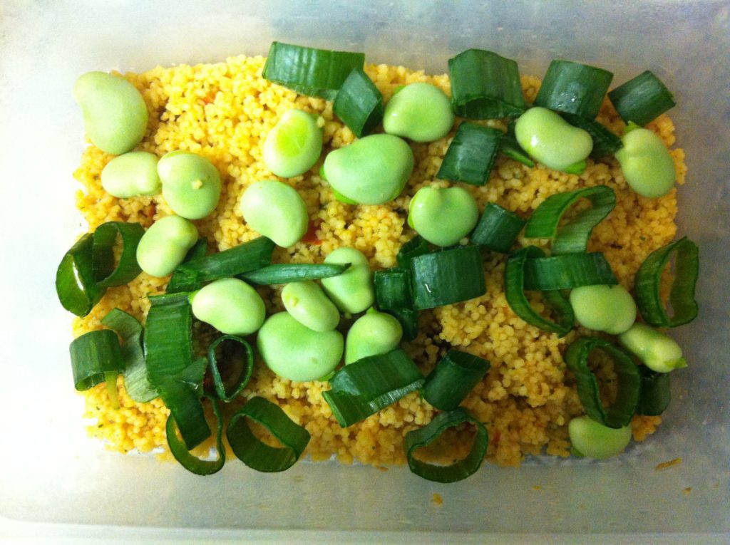 Using every last morsel: onion tops and broad beans with couscous